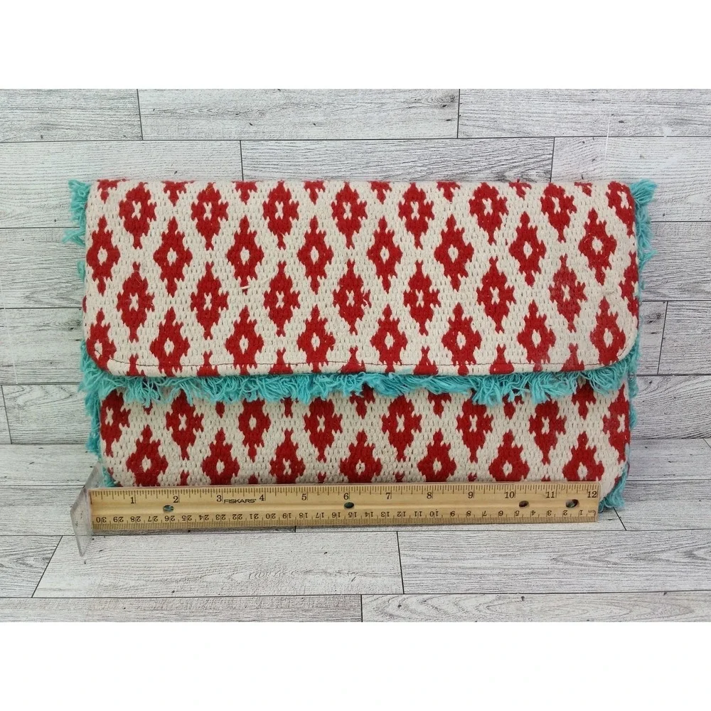 Roberta Freymann Roller Rabbit Red Teal Geometric Boho Clutch Bag Purse Fringe